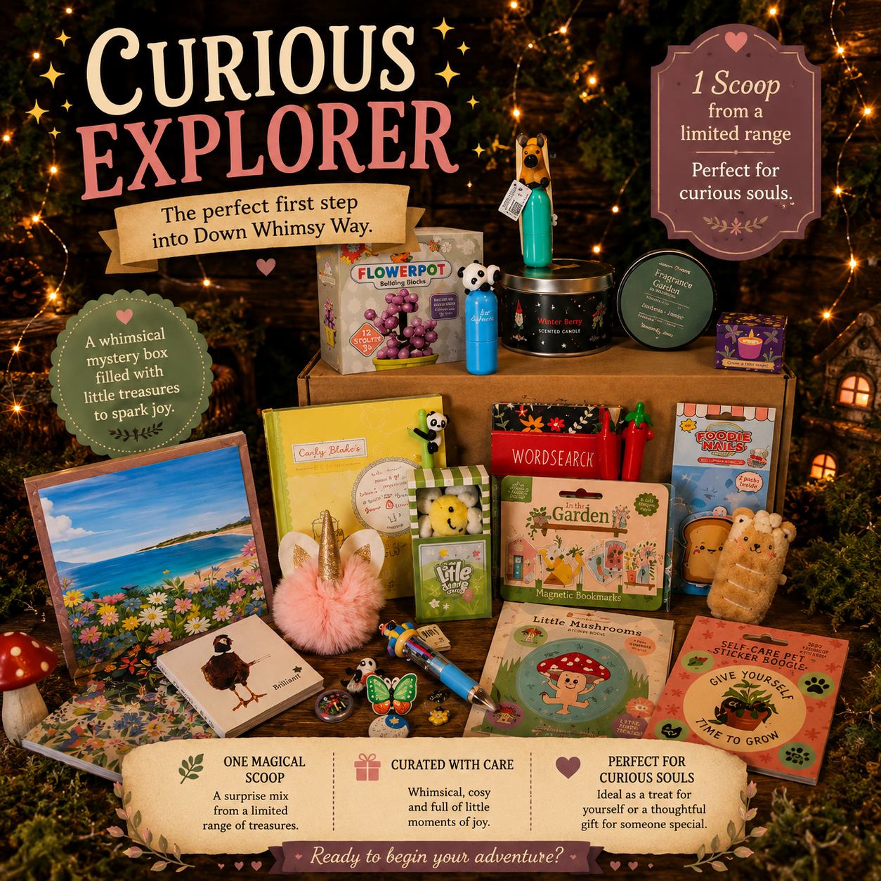 Curious Explorer Down Whimsy Way whimsical mystery box set, featuring a collection of colorful themed books, cards, and small gifts arranged on a decorated Christmas tree with warm string lights.