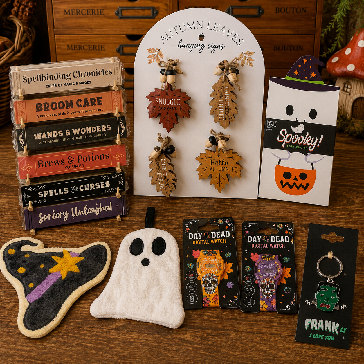 A styled flat-lay of autumn and Halloween-themed gift items on a wooden tabletop, including a stack of book-themed cards, hanging leaf ornaments on a display card, a ghost-shaped cookie, a white ghost plush, and several small packaged accessories.
