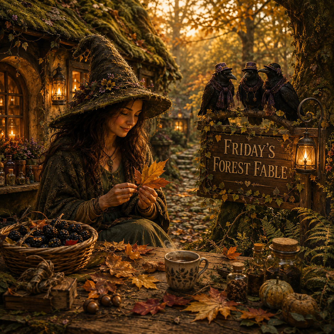 A cosy autumnal scene of a moss witch surrounded by fantasy forest, fallen leaves and acorns.