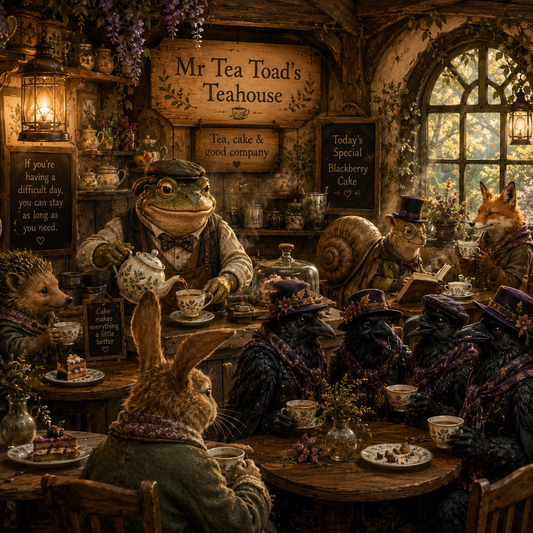 Cosy woodland characters sat together in a tea house as a community. 