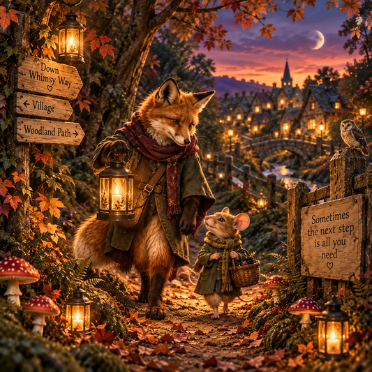 A fox carries a lantern through the woods Down Whimsy Way lighting the path ahead for a mouse trying to find its way home.