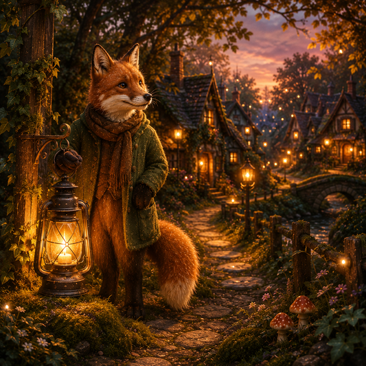 Lantern Fox holding a glowing lantern on a woodland path at dusk in Down Whimsy Way, surrounded by cosy cottages and warm lights, featured image for Friday’s Forest Fable, The Lantern That Wasn’t Needed.