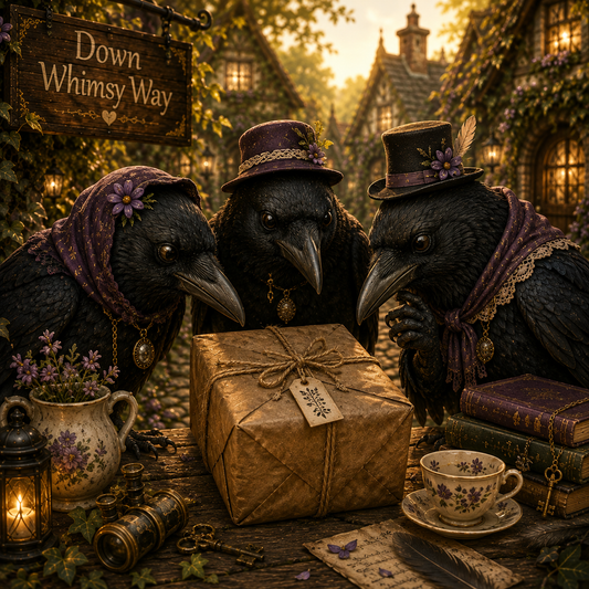 three black crows dressed mystically, looking at a mysterious parcel in a whimsical village