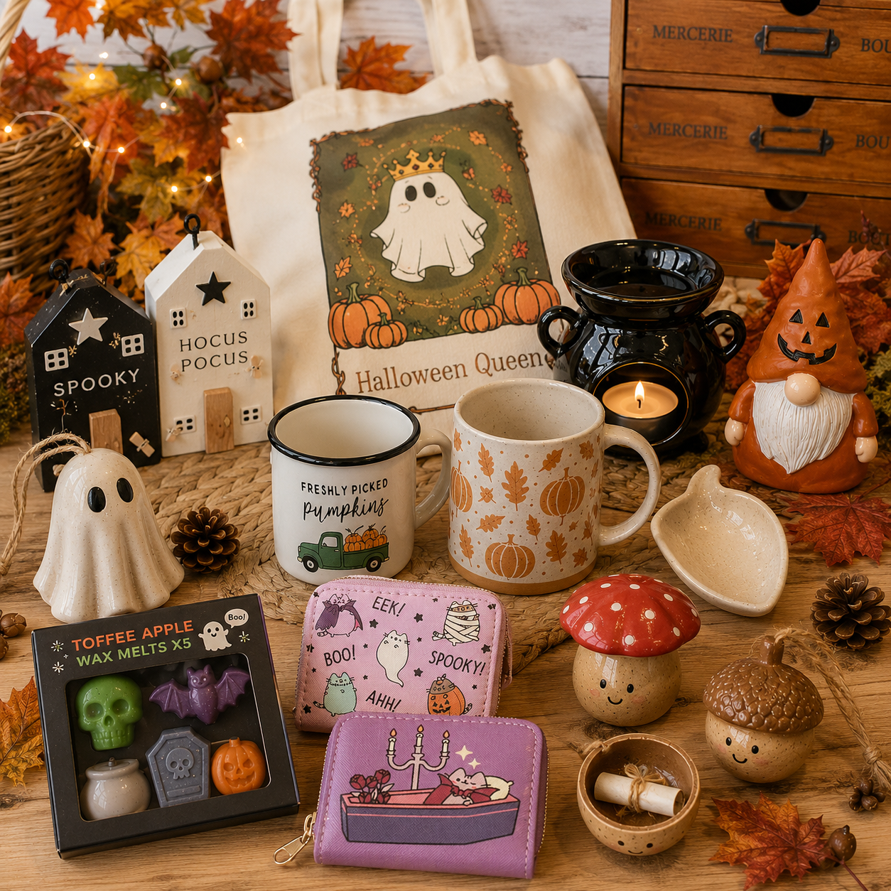 A styled flat-lay of multiple Halloween-themed products arranged on a wooden surface with autumn leaves, pinecones, candles, and a canvas tote bag. Visible items include a canvas tote with a ghost and pumpkin design, mugs with fall motifs, a toffee apple wax melt box, a small Boo card, a purple wallet, a mushroom-shaped candle holder, an acorn candle holder, a black cauldron candle holder, and other seasonal decor.