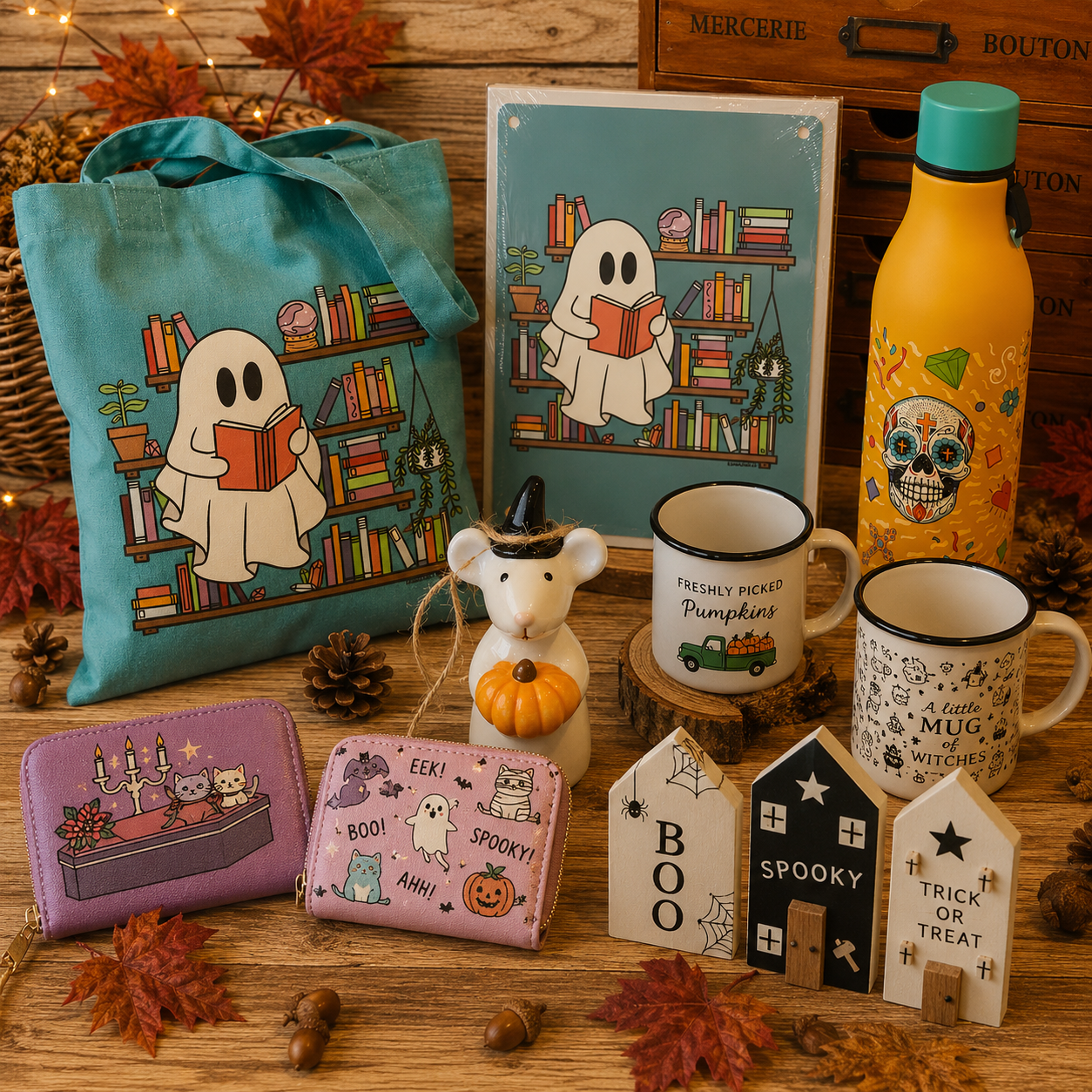 A styled tabletop display of seasonal Halloween-themed products, including a teal tote bag, a matching art print, a yellow insulated bottle, two mugs, two small wallets, three decorative house signs, and a mouse figurine, all featuring cute spooky illustrations on a rustic autumn background.