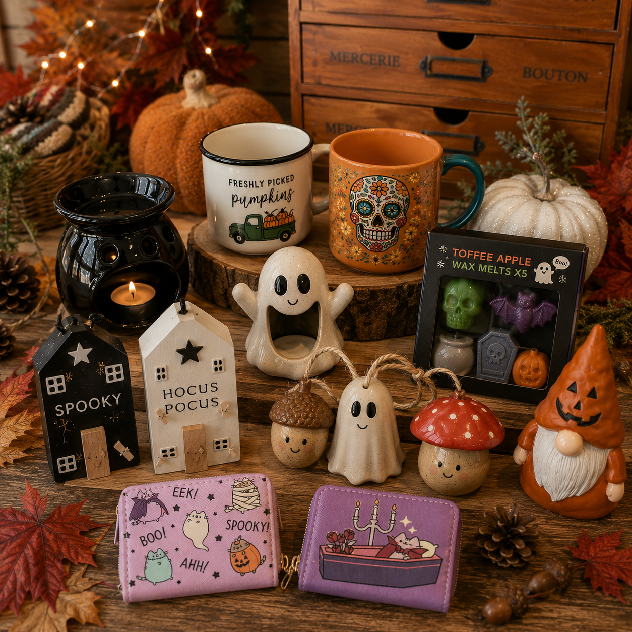 A styled autumn Halloween tabletop display featuring multiple decorative products including mugs, a black candle holder, small house-shaped wax melts, acorns, a mushroom topper, a pumpkin gnome, and a card of toffee apple wax melts, arranged with pumpkins, fall leaves, and warm string lights in the background.