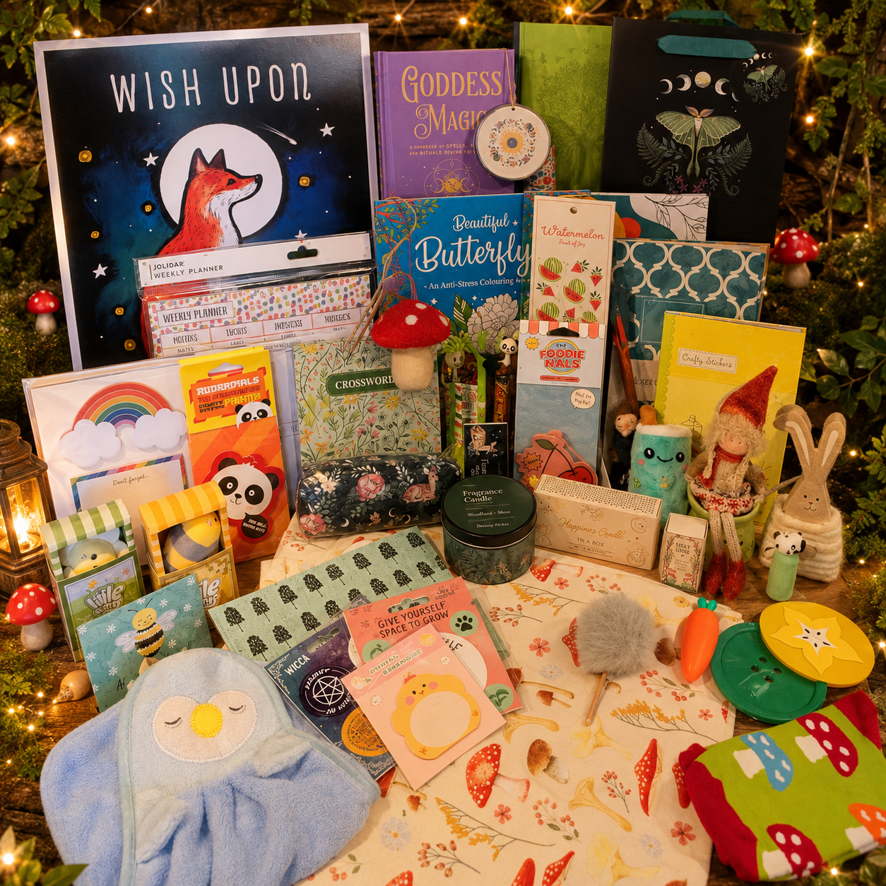 A whimsical-themed gift basket or flat lay filled with various handmade and retail items, including a blue plush owl bath towel, colorful greeting cards, a butterfly book, a moon-themed card, a small gnome figure, and other seasonal treats, arranged on a patterned fabric in front of a decorated fairy light foliage.