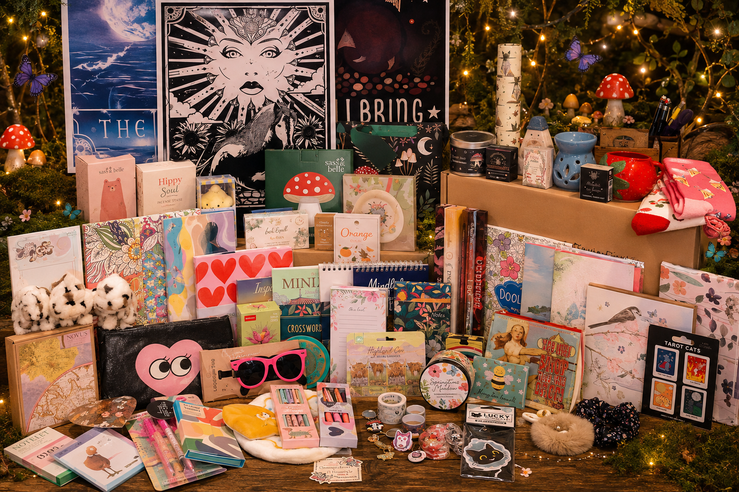 A large, cozy collection of handmade and boutique gift items arranged on a wooden table in front of a decorated foliage. The assortment includes greeting cards, notebooks, mugs, candles, small plush toys, stickers, and other seasonal gifts, with cozy holiday decorations in the background.
