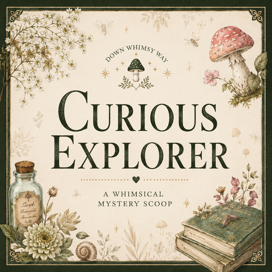 Square cover art for a mystery scoop titled "Curious Explorer" with the subtitle "A Whimsical Mystery Scoop." The design has a cream background with dark green border and typography, plus illustrated botanical elements, a mushroom, a glass bottle, flowers, and stacked old books.