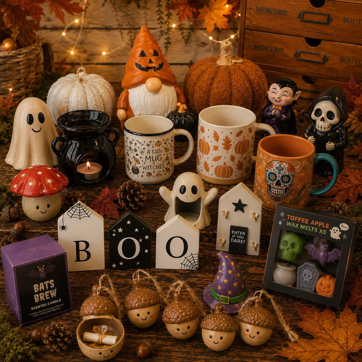A styled collection of Halloween-themed mugs, ceramic decorations, acorn ornaments, a ghost candle holder, a mushroom-shaped candle, and packaged wax melts arranged on a rustic wooden surface with autumn leaves, pumpkins, and fairy lights.