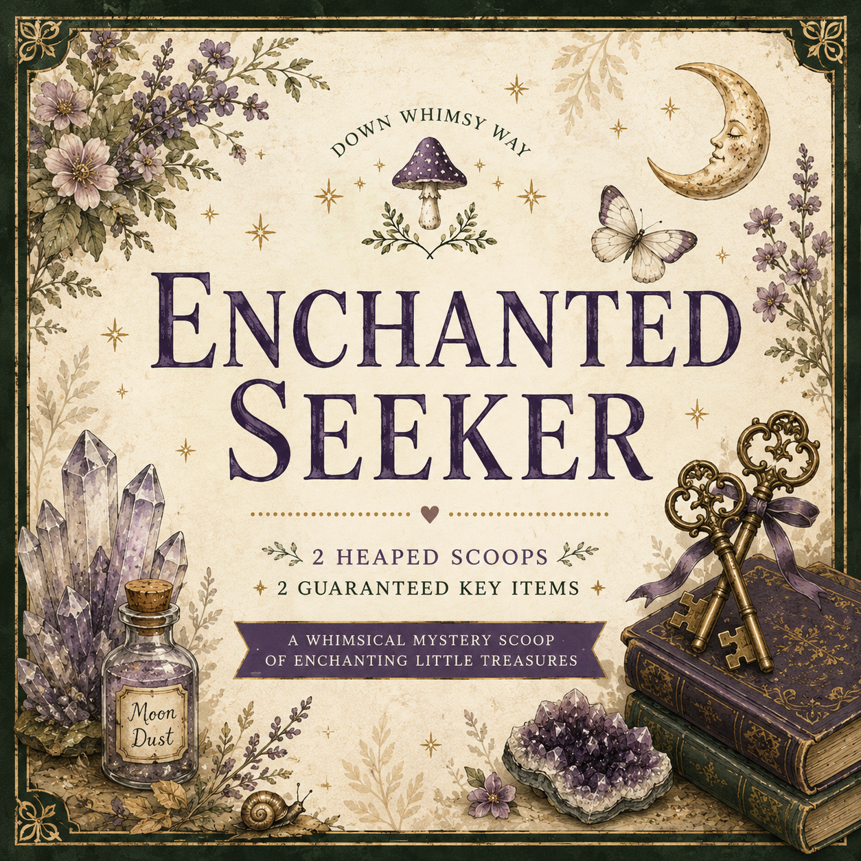 Front cover of the Enchanted Seeker' mystery scoop by Down Whimsy Way, featuring a whimsical illustration with a crescent moon, butterfly, crystals, keys, an old book, and a small bottle labeled 'Moon Dust' on a cream background with a dark border.