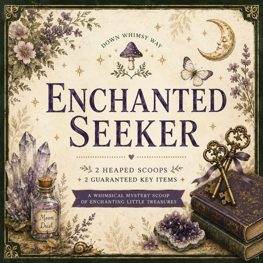 Front cover of the Enchanted Seeker' mystery scoop by Down Whimsy Way, featuring a whimsical illustration with a crescent moon, butterfly, crystals, keys, an old book, and a small bottle labeled 'Moon Dust' on a cream background with a dark border.