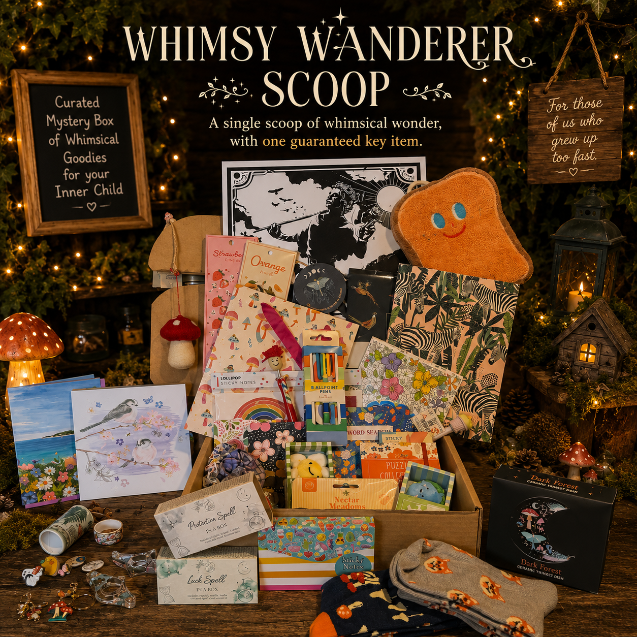 A themed gift box display labeled 'Whimsy Wanderer Scoop' filled with assorted stationery, cards, stickers, small accessories, and a plush orange character, arranged on a rustic table with fairy lights and woodland decor in the background.