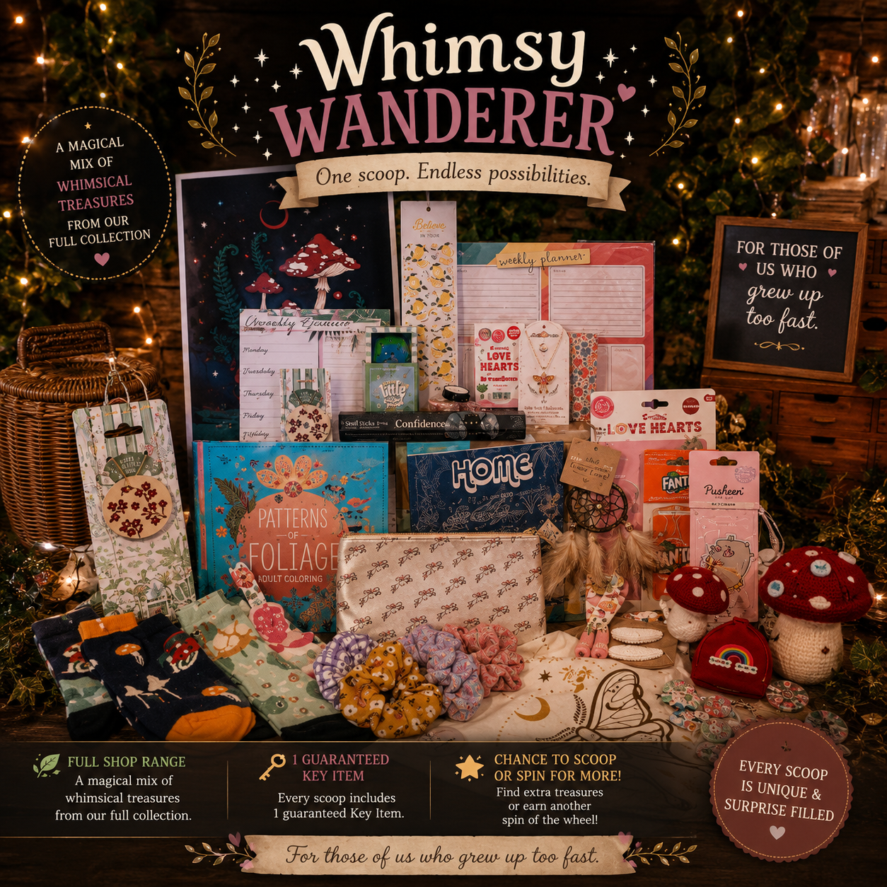 A styled promotional collage for 'Whimsy Wanderer mystery scoop' showing a variety of magical, themed gift boxes, keychains, stickers, and accessories arranged on a rustic wooden surface with fairy lights in the background. The collection features various colorful, patterned items including a blue 'Foliate' box, a white patterned 'Home' box, and red-and-white mushroom plushies.