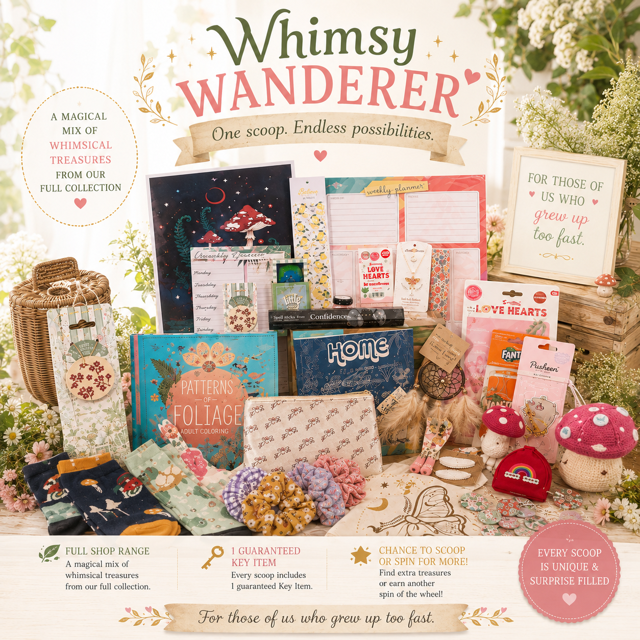 A styled product collage for 'Whimsy Wanderer mystery scoop' featuring a variety of colorful, patterned envelopes, key items, and stationery arranged in a rustic, cozy setting with flowers, a wicker basket, and whimsical props.