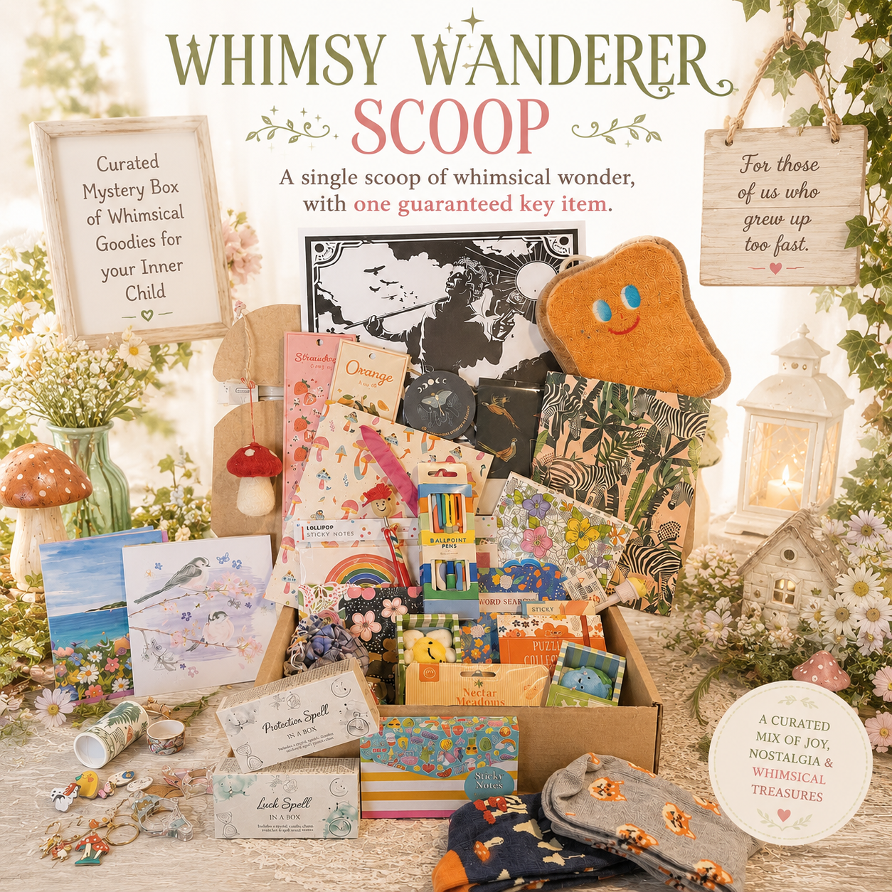 A whimsical gift box arrangement labeled 'Whimsy Wanderer Scoop' filled with assorted cute stationery, cards, socks, small accessories, and decorative items, styled with flowers, mushrooms, a lantern, and playful text on a light background.