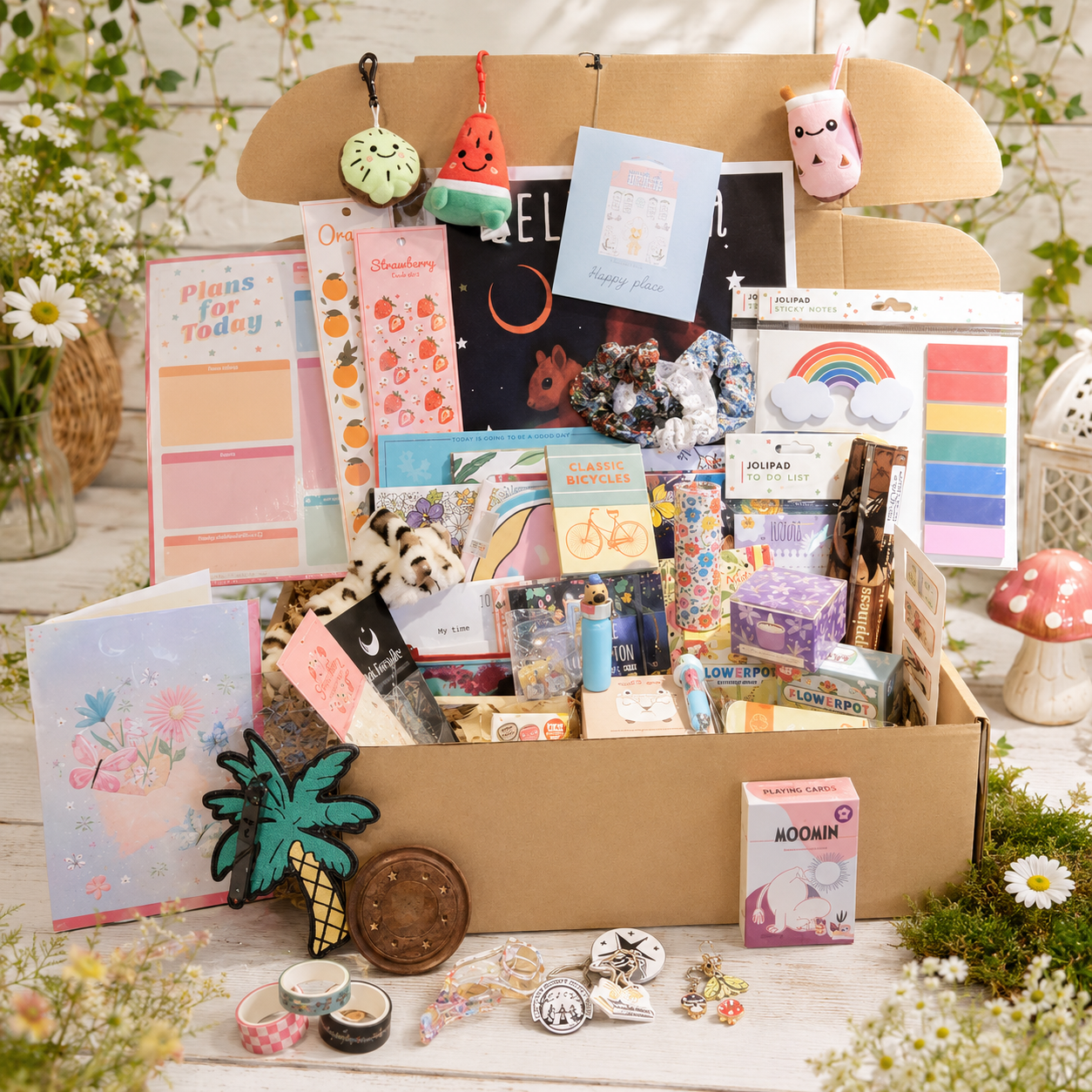 A curated gift box filled with stationery, accessories, and small treats on a white wooden surface. The box is lined up against a cardboard backdrop with pastel cards, notebooks, stickers, scrunchies, bracelets, and a small pink box labeled 'HOOKIN''.