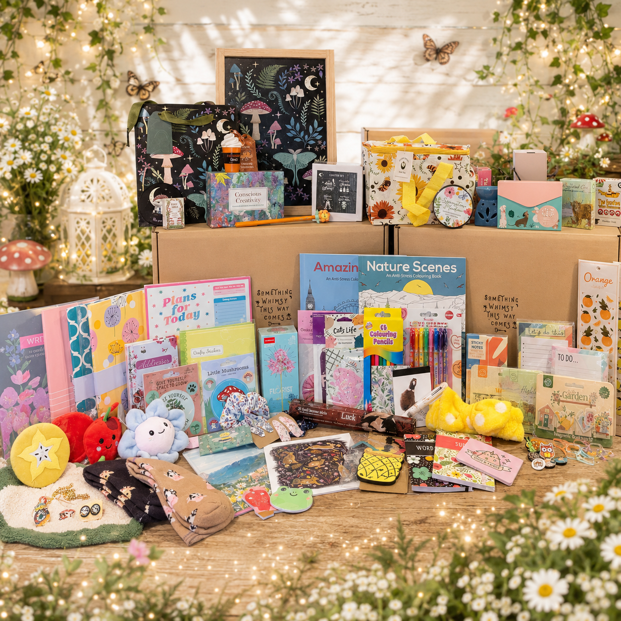 A beautifully styled gift box and flat-lay arrangement of whimsical items, including a 'Nature Scenes' activity book, colorful art supplies, plush toys, stickers, and notebooks, set against a whimsical woodland background with flowers and butterflies. The Enchanted Seeker master scoop by Down Whimsy Way.