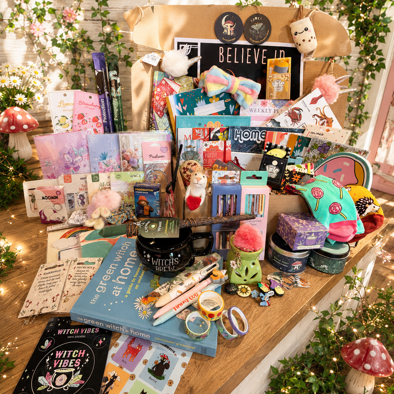 A styled tabletop display of many small stationery, craft, and decorative items arranged together in a cozy indoor setting with fairy lights, greenery, and a sign reading 'BELIEVE IT'. The products include notebooks, cards, pens, stickers, small plushies, jars, and other gift-like items in assorted colors. This is the ultimate key keeper mystery scoop box from down whimsy way.