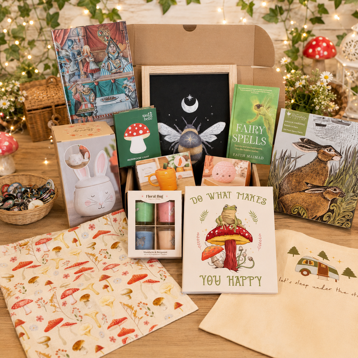 A cozy tabletop gift set arranged in front of a cardboard box, featuring illustrated cards, a fairy spell card, a bunny ceramic pot, a small gift box, a color palette, a mushroom-themed card, and patterned paper on a warm wooden surface with soft holiday decor in the background.