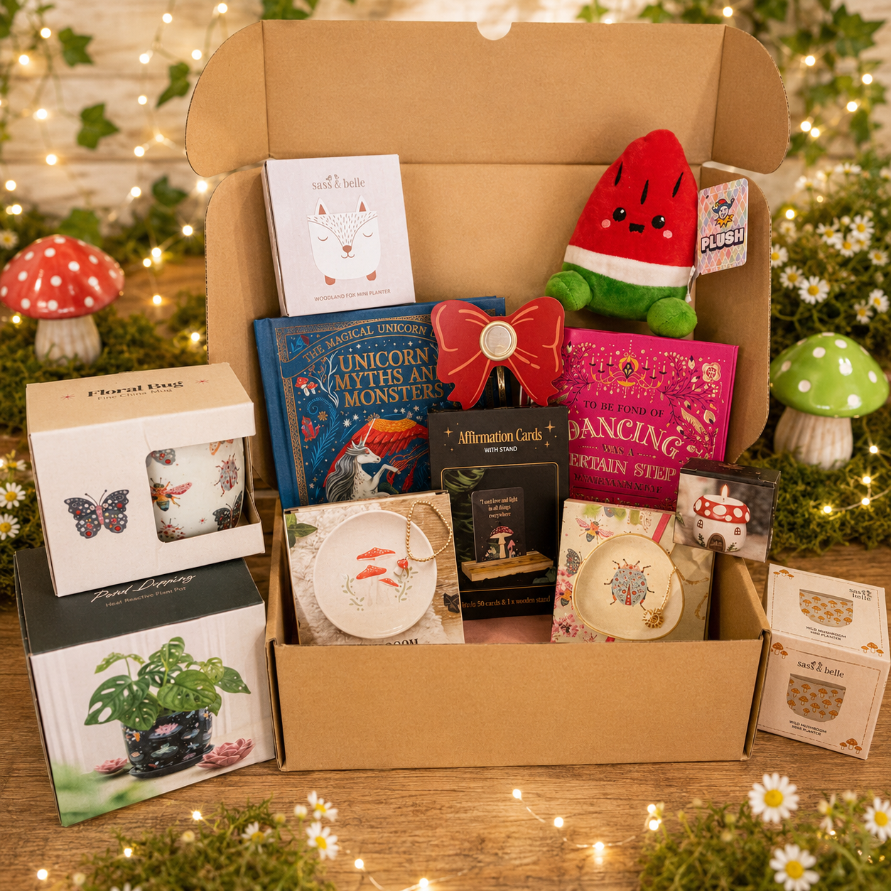 A curated gift box arrangement on a wooden surface surrounded by fairy lights and decorative mushrooms. The open kraft box contains a watercolor book, a pink dancing card, a red bow, a small plush, cards, tea boxes, and other gift items.