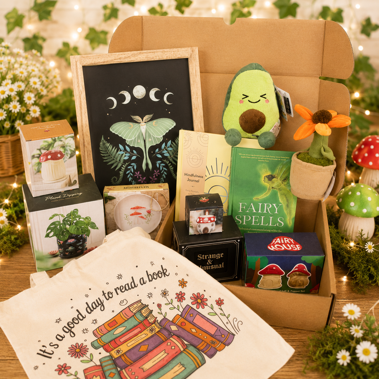 A curated gift box arrangement on a wooden surface, featuring a kraft cardboard box filled with themed items: a black chalkboard-style print with moon phases and a green moth, a green 'Fairy Spells' book, a plush avocado character, a small potted orange flower, mushroom-themed boxes, a small candle, and a cream tote bag printed with books and the phrase 'It's a good day to read a book.' Decorative flowers and fairy lights surround the box.