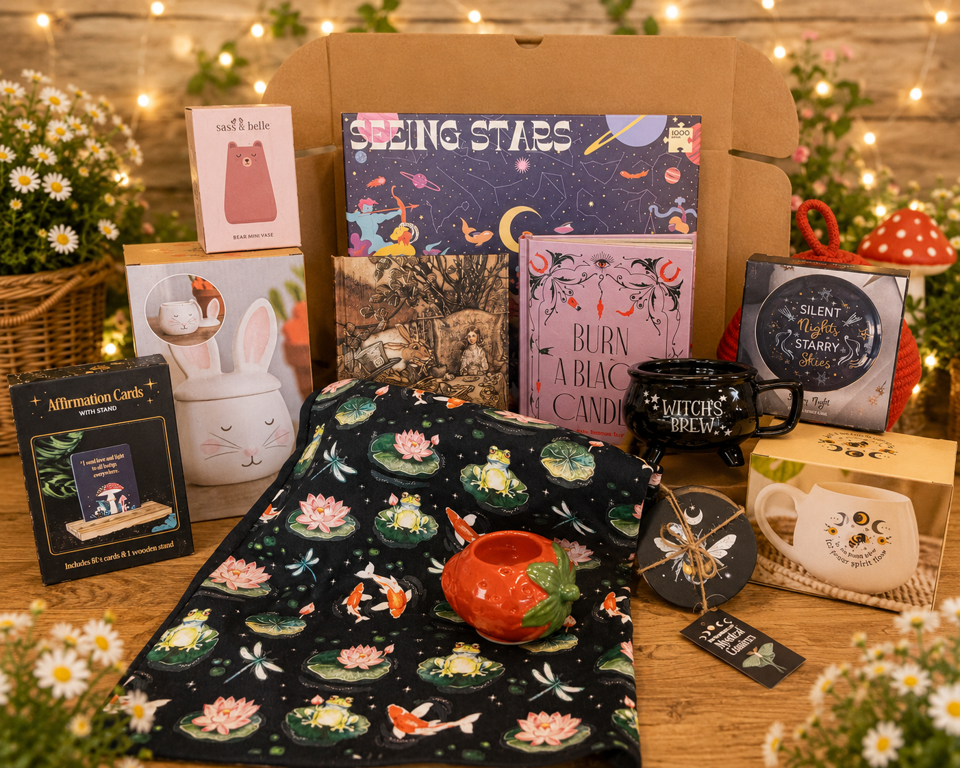 A curated gift box set on a wooden table, featuring a black fabric with a koi fish and lily pad print, a small orange dragon figurine, a black mug, a white mug in a box, a notebook, and other cozy items arranged around an open cardboard box with fairy lights in the background.