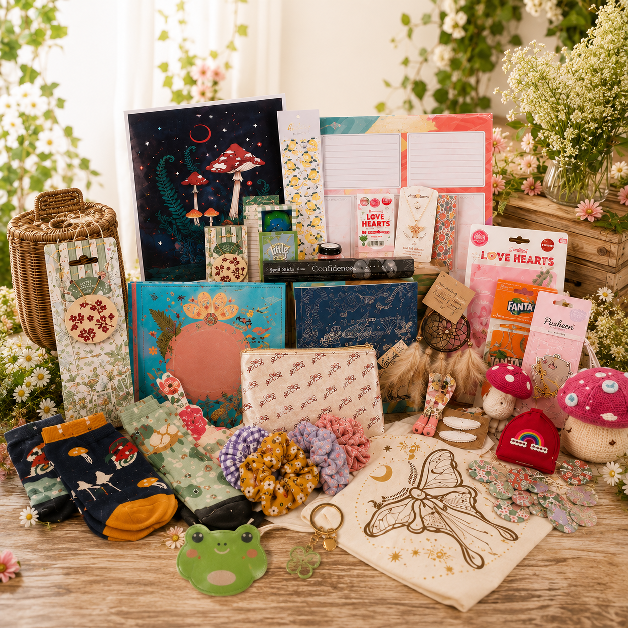 A styled tabletop display of a cozy gift basket filled with whimsical handmade and boutique items, including patterned notebooks, fairy art, socks, fabric pieces, and small mushroom-themed accessories, arranged in a warm, rustic setting with flowers and greenery.