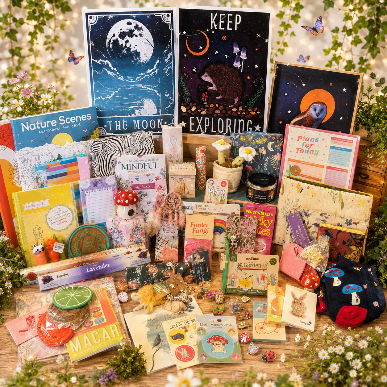 A styled flat-lay collection of cozy, nature-themed stationery, art prints, and small accessories arranged on a wooden surface surrounded by green foliage and white flowers. The collection includes various colorful books, cards, stickers, a small mushroom-themed bag, and decorative items with woodland motifs.