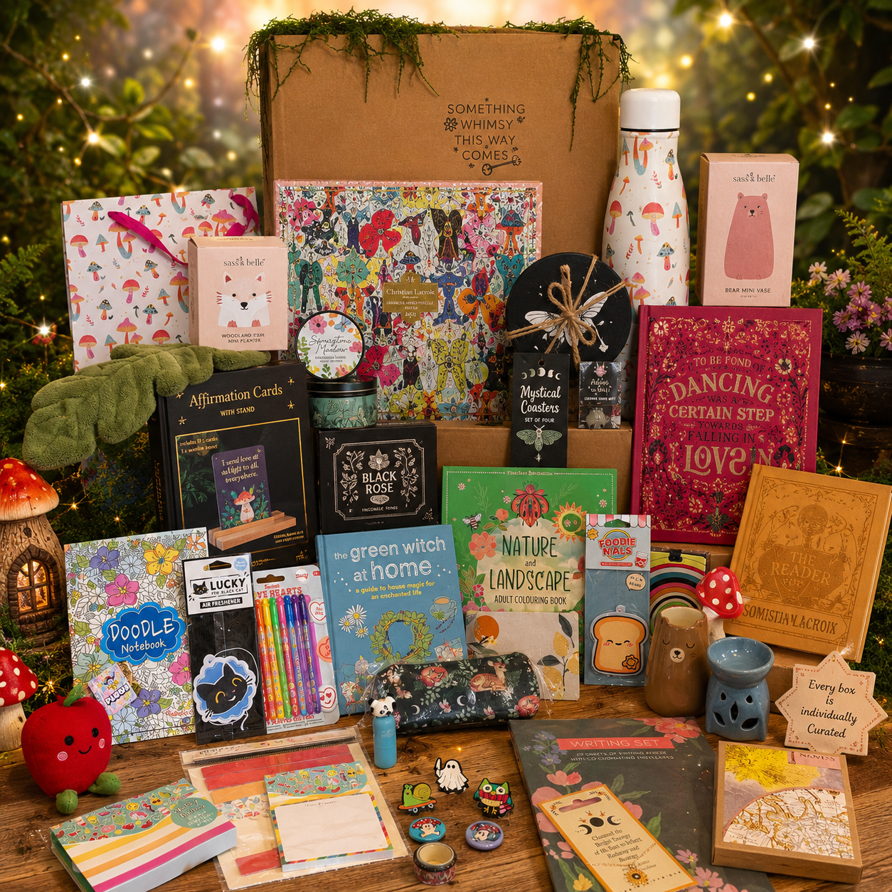 Aselection of whimsical gifts and home decor items. Image includes scented candles, illustrated journals, witchy themed books, colouring books, accessories, trinkets and magical finds. As part of the Enchanted Seeker mystery scoop box Down Whimsy Way.