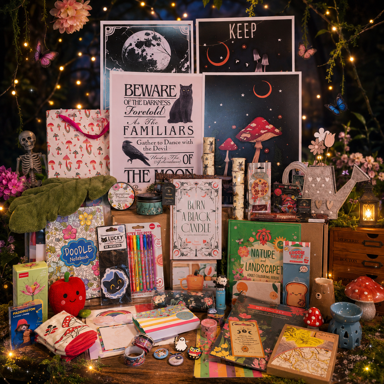 A styled tabletop display of various cozy, witchy, and nature-themed gift items, including art prints, candles, stickers, notebooks, and small decorative accessories, arranged on a wooden surface with fairy lights and mushrooms in the background.