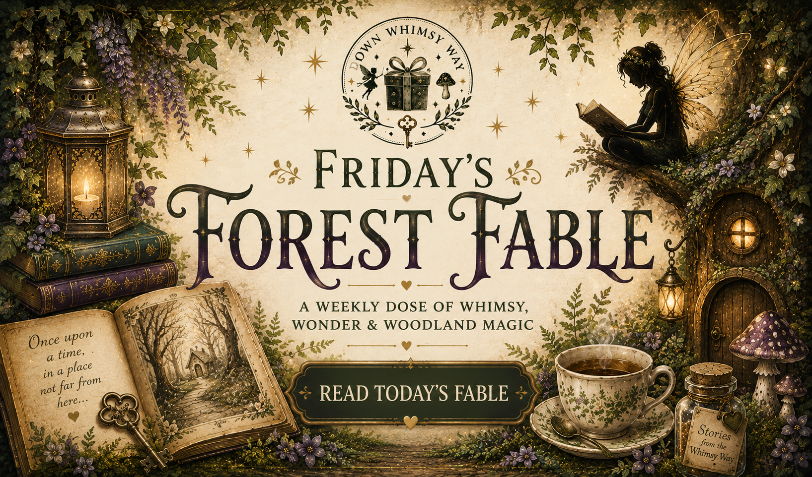 Promotional graphic for 'Friday's Forest Fable' featuring a whimsical woodland illustration with an open book, lantern, fairy reading, tea cup, and jars on a parchment-style background.