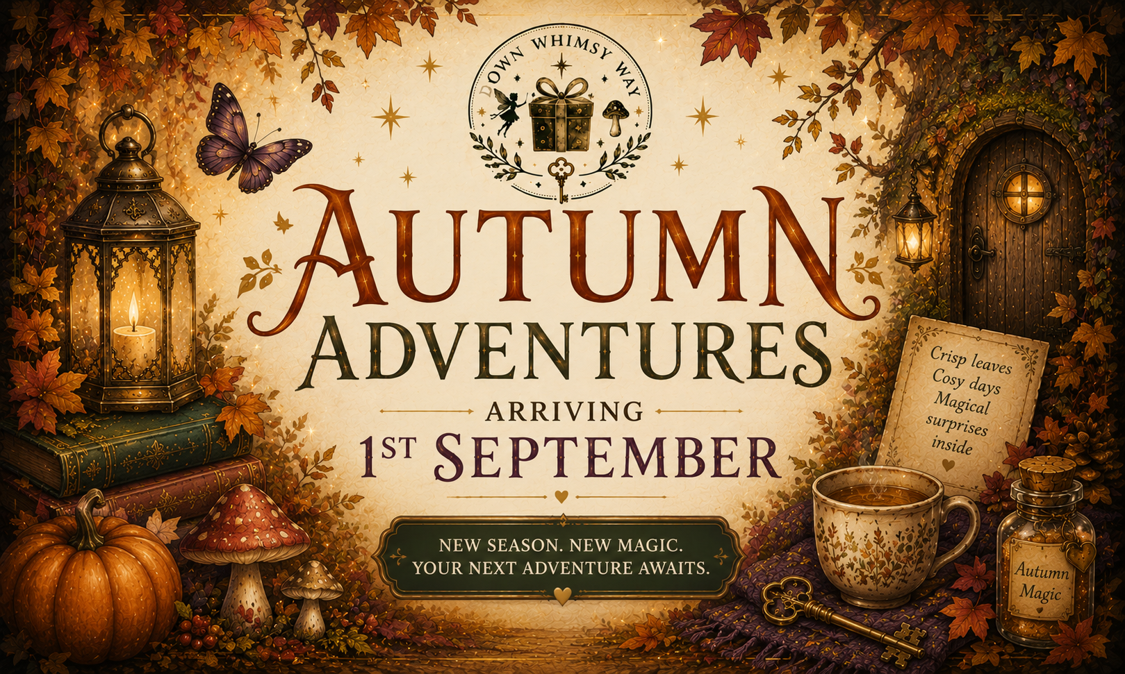 Promotional autumn-themed graphic with the text 'Autumn Adventures Arriving 1st September' on a parchment-style background, surrounded by a lantern, butterfly, pumpkins, mushrooms, a teacup, a key, and a small cottage scene.