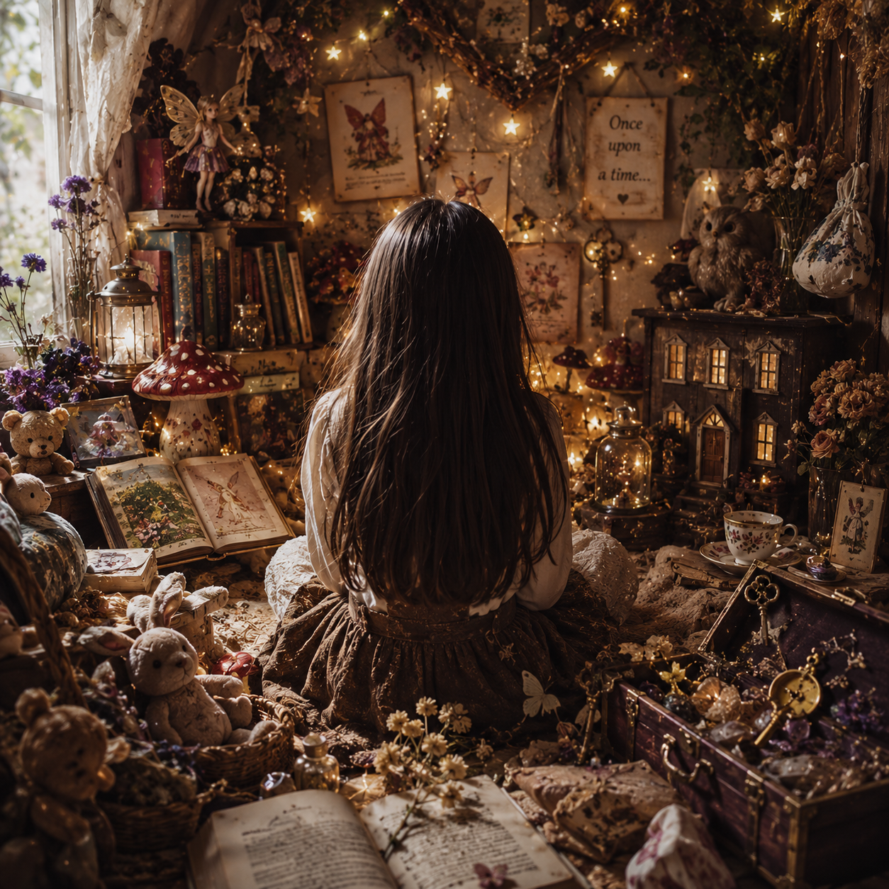 A young girl with long dark hair sits with her back to the camera in a whimsical, cluttered fantasy room filled with books, teddy bears, a miniature house, lanterns, and dried flowers.