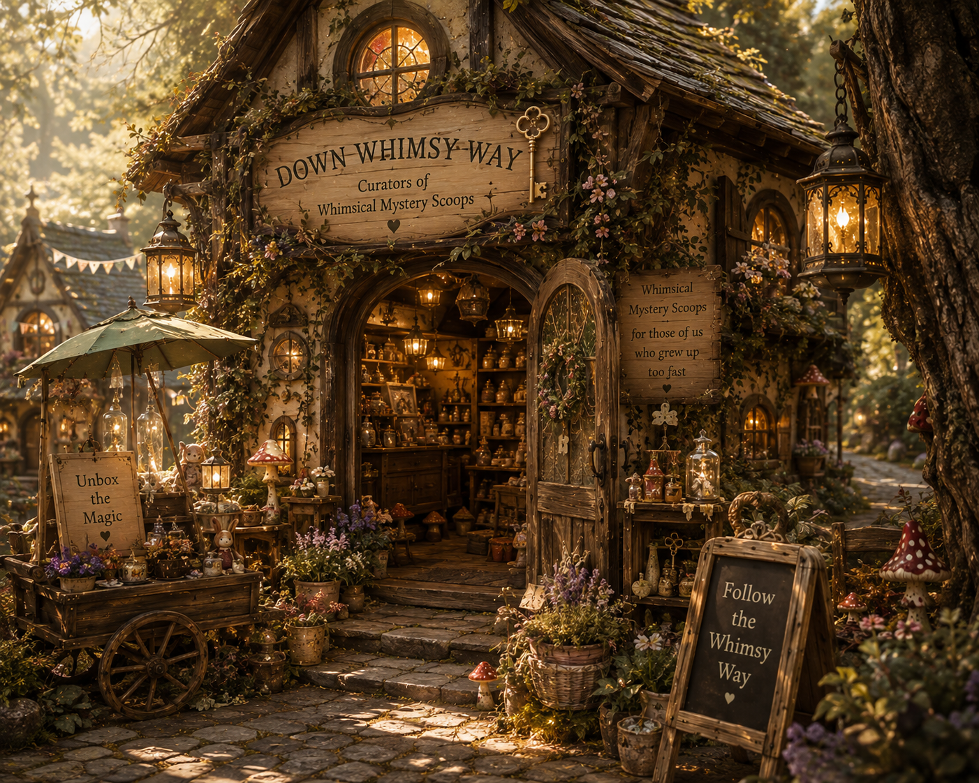 A whimsical fantasy-style shop exterior labeled 'Down Whimsy-Way' with glowing lanterns, flowers, shelves, and a stone path in a lush forest setting.