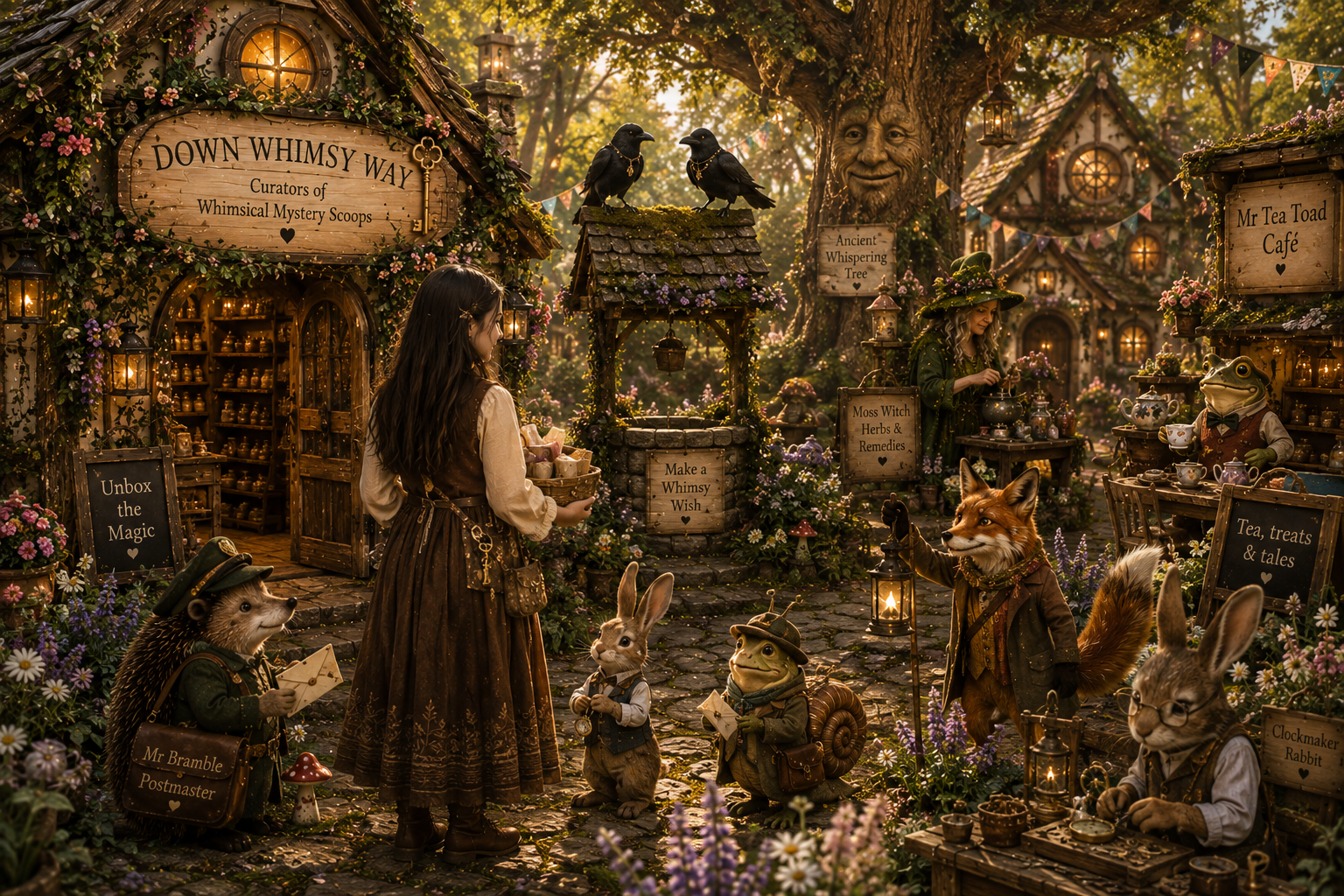 A whimsical fantasy scene in a forest-like village with a young girl standing in the center, surrounded by anthropomorphic animals, glowing lanterns, and small cottage-like buildings. Signs read places such as 'Down Whimsy Way' and 'Wormtail Mystery Shop,' and the overall image has a highly detailed, illustrative, dreamlike quality.
