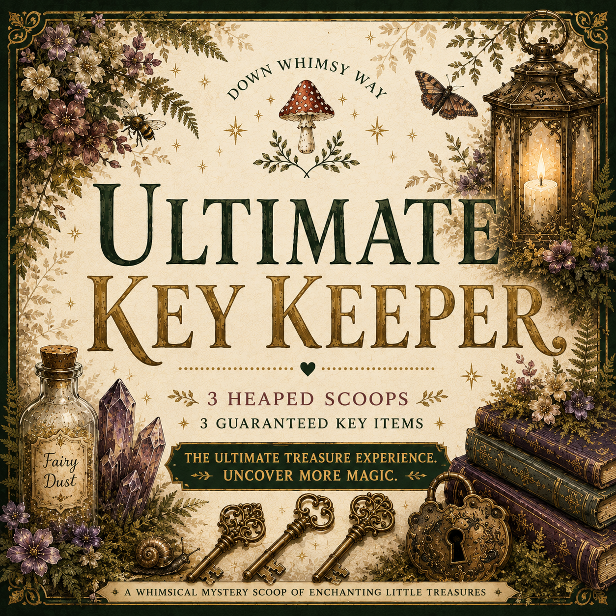 Front cover of the mystery scoop product 'Ultimate Key Keeper' by Down Whimsy Way, featuring a whimsical vintage-style illustration with large serif title text, a lantern, mushrooms, keys, a bottle labeled Fairy Dust, and decorative floral elements on an aged cream background.