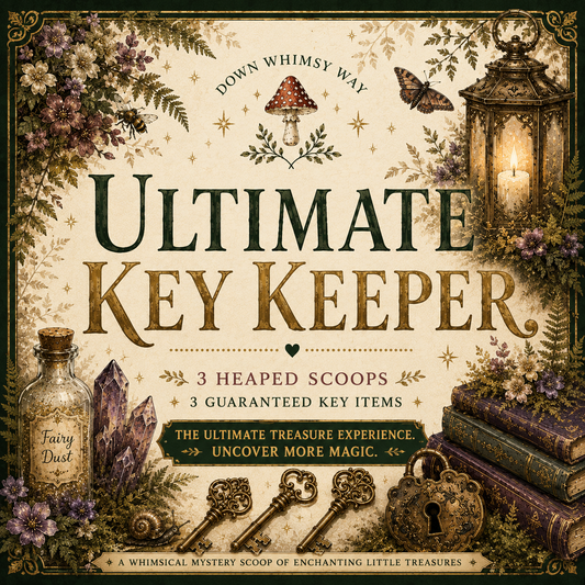 Front cover of the mystery scoop product 'Ultimate Key Keeper' by Down Whimsy Way, featuring a whimsical vintage-style illustration with large serif title text, a lantern, mushrooms, keys, a bottle labeled Fairy Dust, and decorative floral elements on an aged cream background.