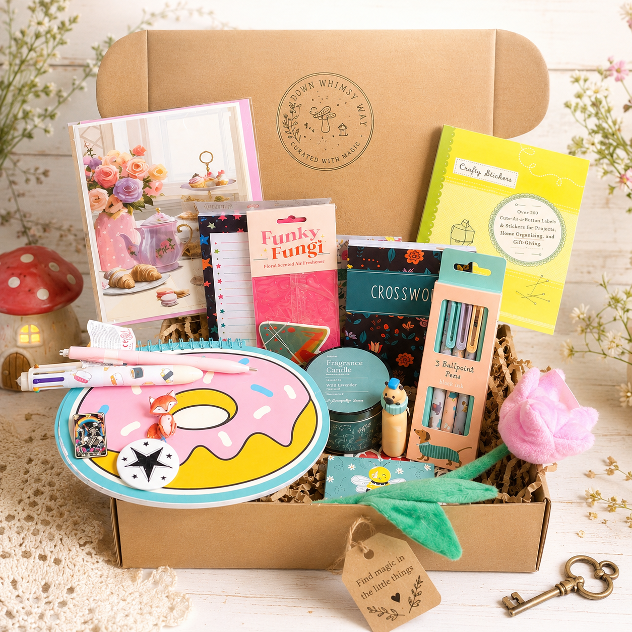 An example of a Curious Explorer curated gift box from Down Whimsy Way, featuring a large brown cardboard box filled with various cute stationery and craft items, styled on a white wooden surface with decorative flowers and a vintage key.