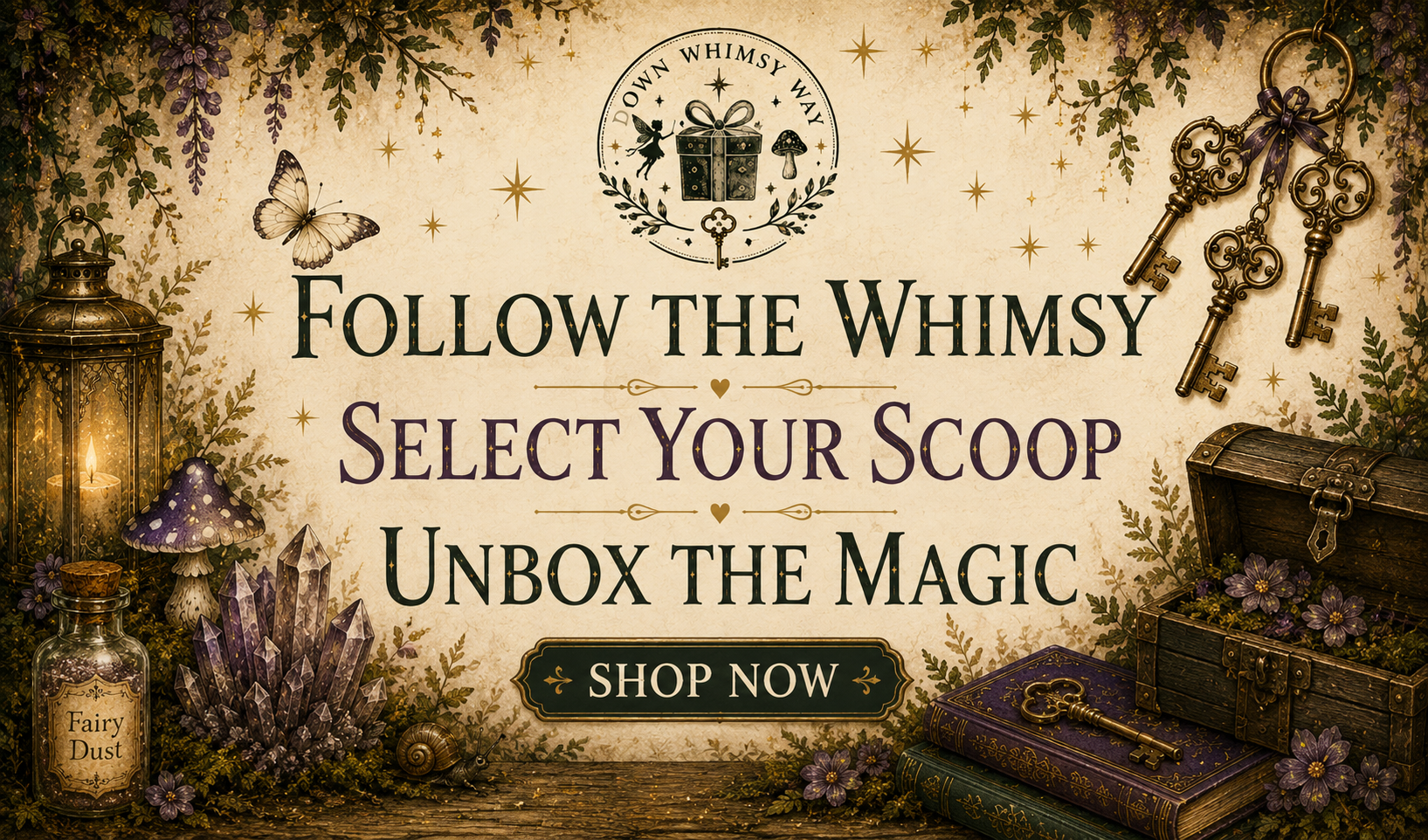 A vintage-style promotional graphic with the text 'FOLLOW THE WHIMSY SELECT YOUR SCOOP UNBOX THE MAGIC' and a 'SHOP NOW' button. The scene includes illustrated lanterns, keys, a treasure chest, books, flowers, and a circular logo reading 'Down Whimsy Way' at the top.