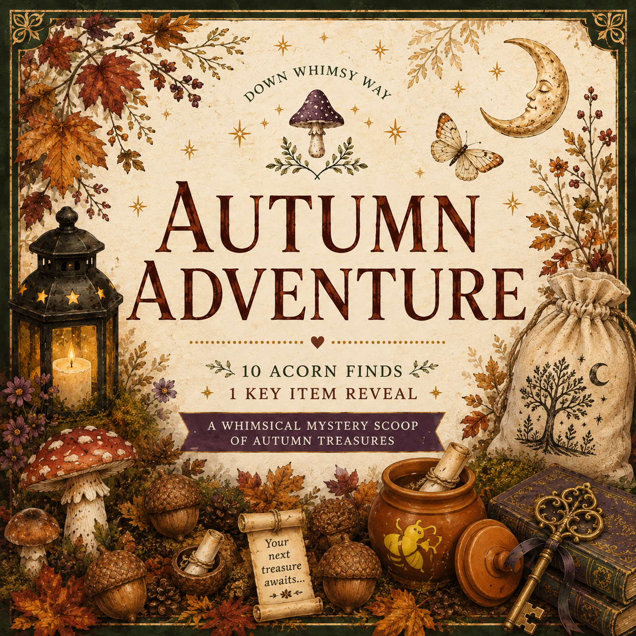 The Autumn Adventure mystery box listing cover image. Autumnal woodland decor with whimsy vibes.