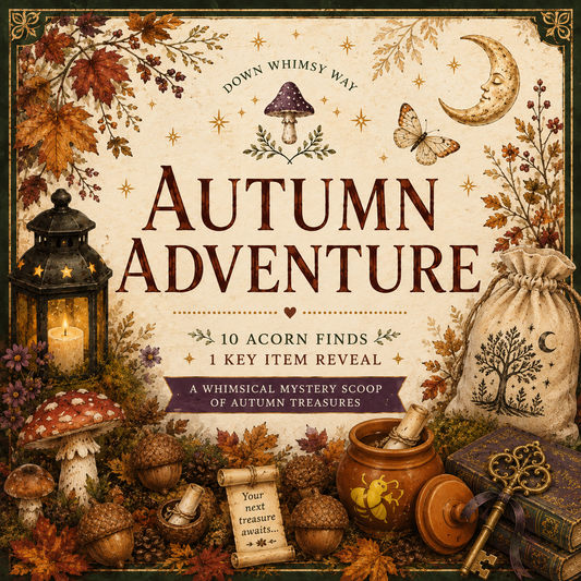 The Autumn Adventure mystery box listing cover image. Autumnal woodland decor with whimsy vibes.