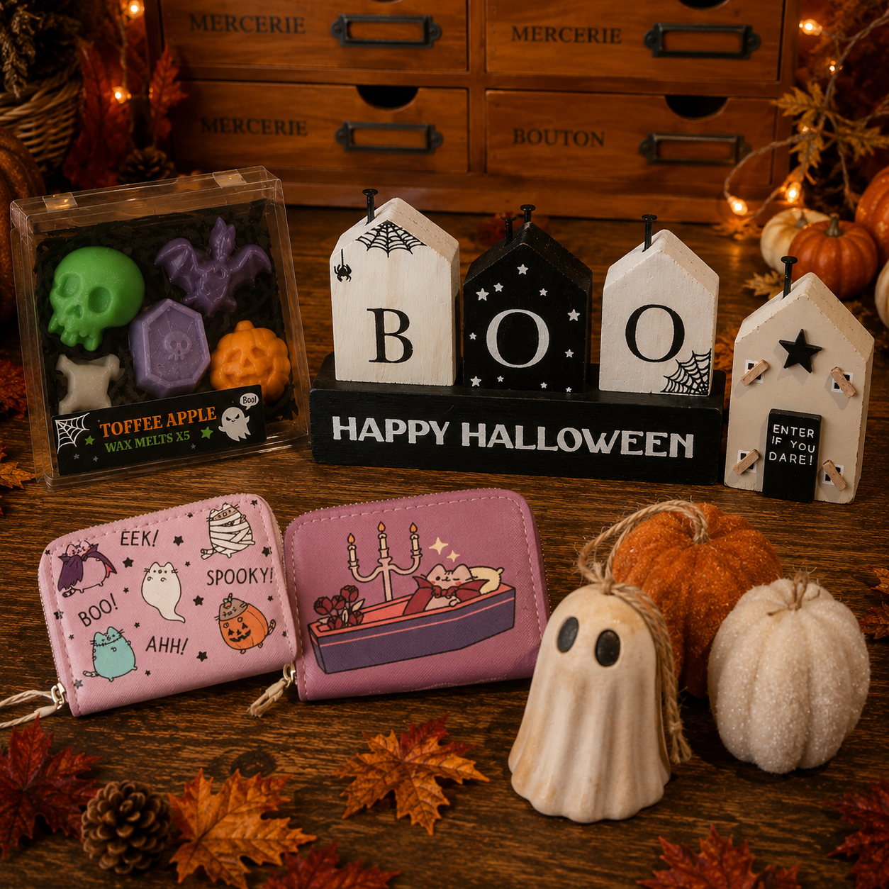 A styled Halloween-themed product display on a wooden surface with autumn leaves and pumpkins. The products include a boxed set of wax melts, a black 'HAPPY HALLOWEEN' candle block, three decorative house-shaped candles spelling BOO, a pink wallet with a cartoon cat and candles, a pink pouch with a spider graphic, a ghost-shaped candle holder, and two small pumpkins.