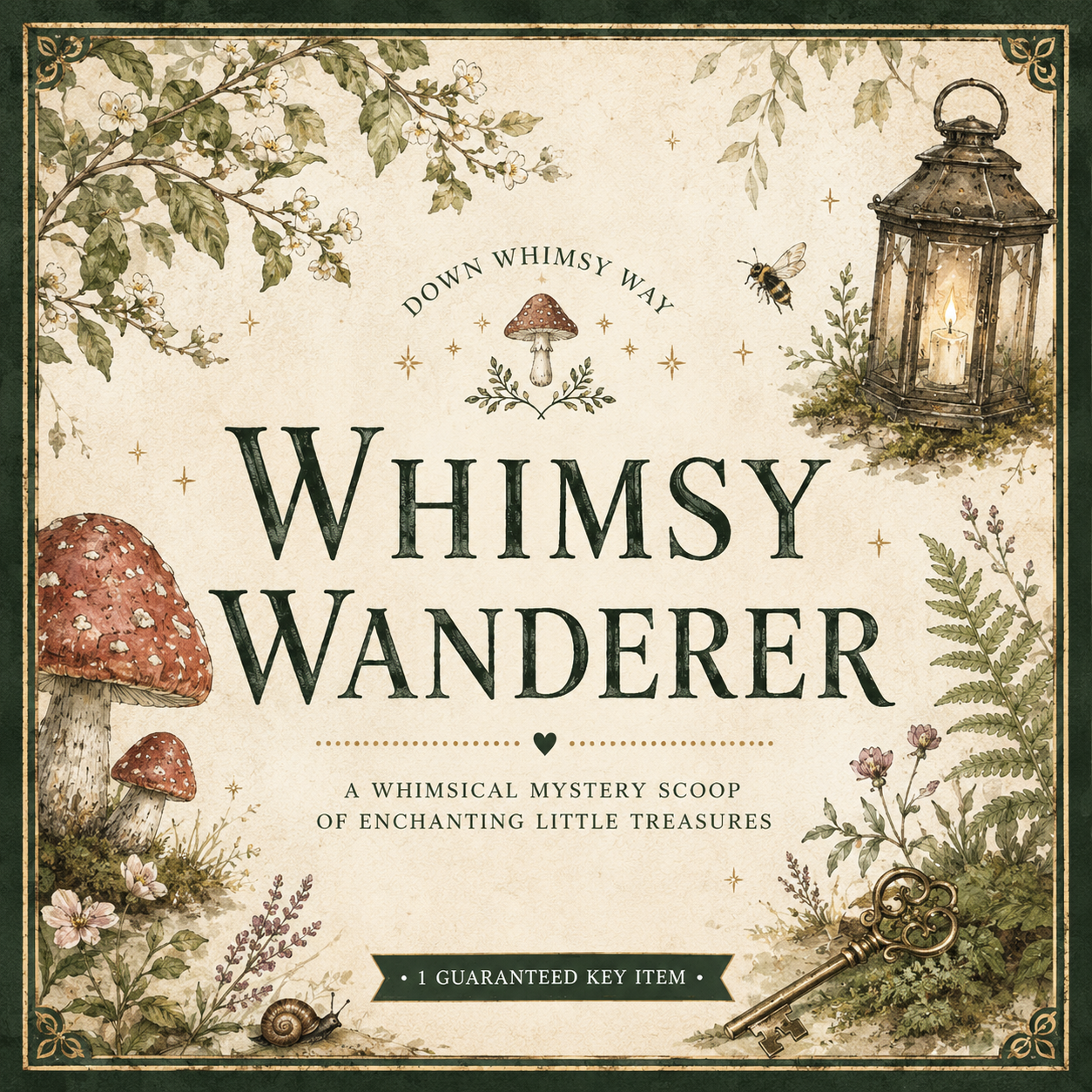 Square product cover art for 'Whimsy Wanderer' mystery scoop box. featuring vintage-style illustrations including a lantern, mushrooms, flowers, a key, and a snail on an aged cream background with dark green border and typography.