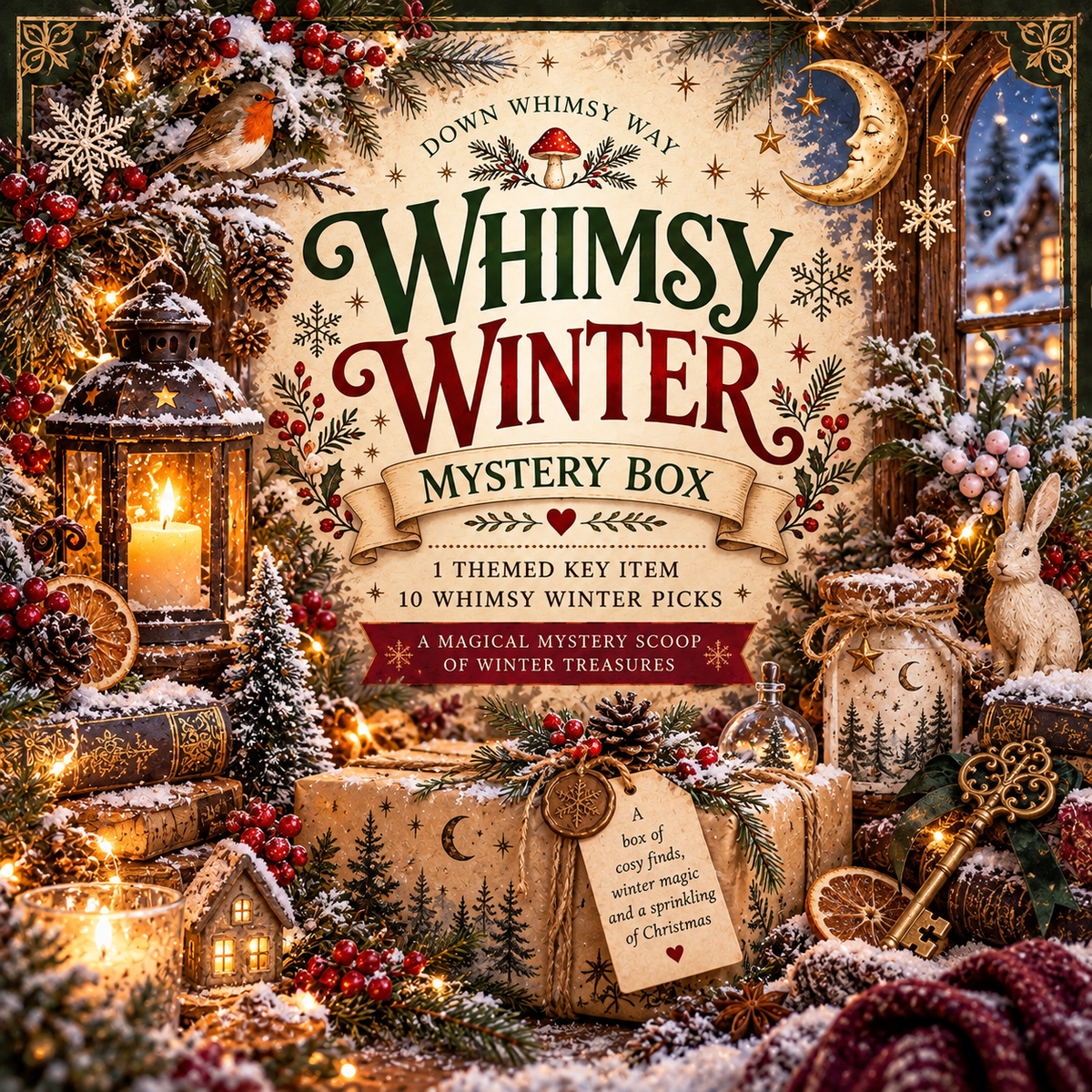 Promotional artwork for a 'Whimsy Winter Mystery Box' featuring a cozy, snow-covered Christmas village scene with wrapped gifts, lanterns, pinecones, and a rabbit figurine, with the product title in large decorative text at the top center.